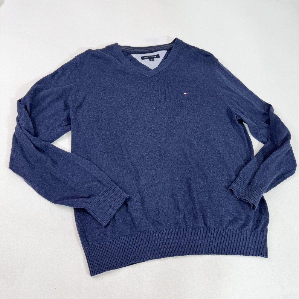 Tommy Hilfiger Sweater Mens Large Navy Blue V Neck Cotton Pullover Flag Logo